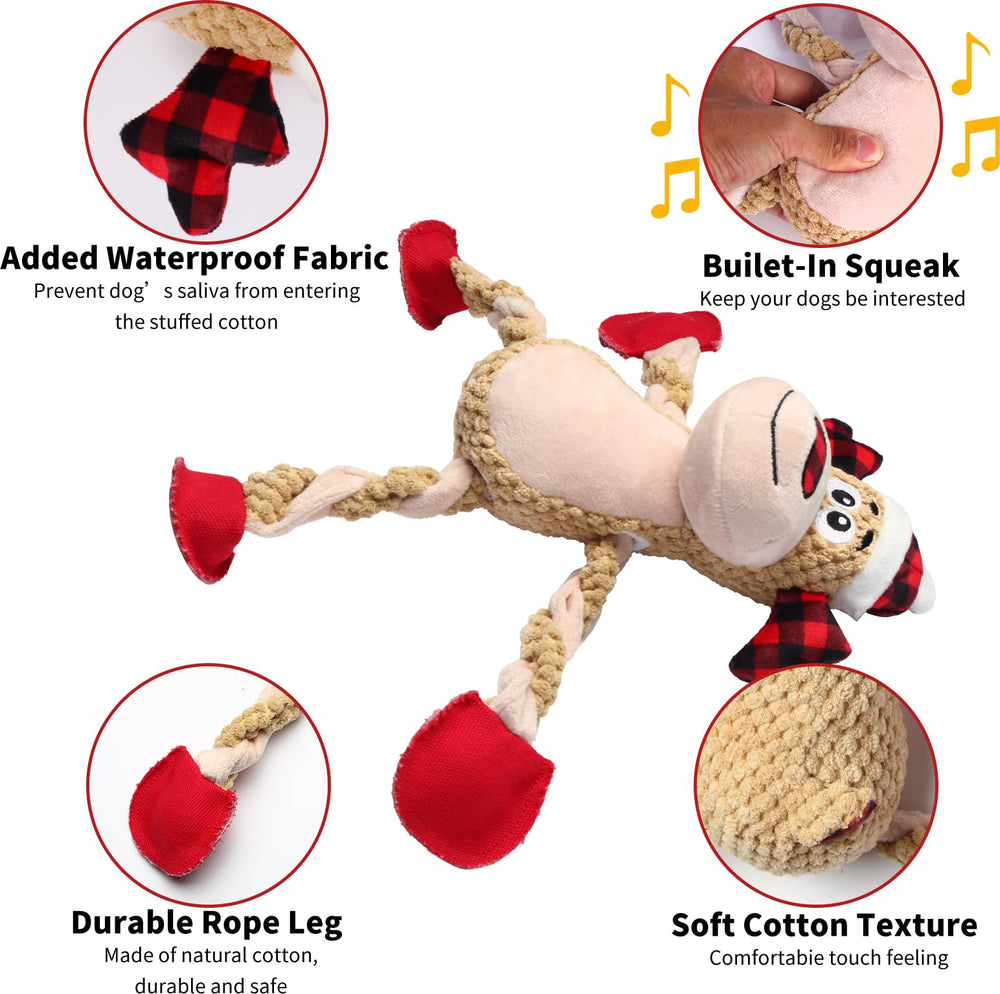 Chngeary soft fabric body of reindeer dog toy provides gentle, durable play.