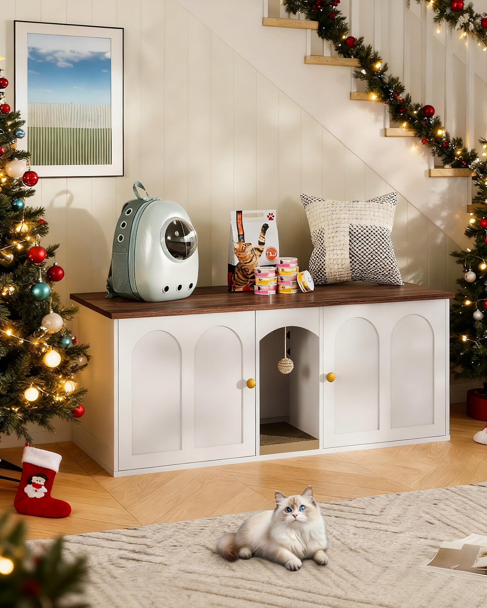 CHOEZON 47.2'' double cat litter enclosure interior with doors open, private den for cats