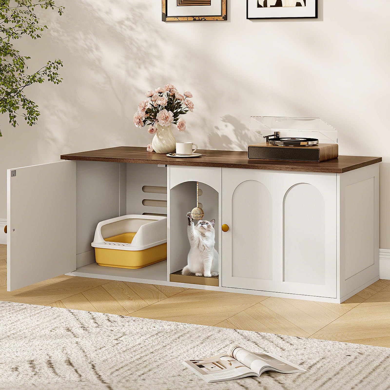 CHOEZON 47.2'' double cat litter enclosure side view, blends with decor while hiding the litter box