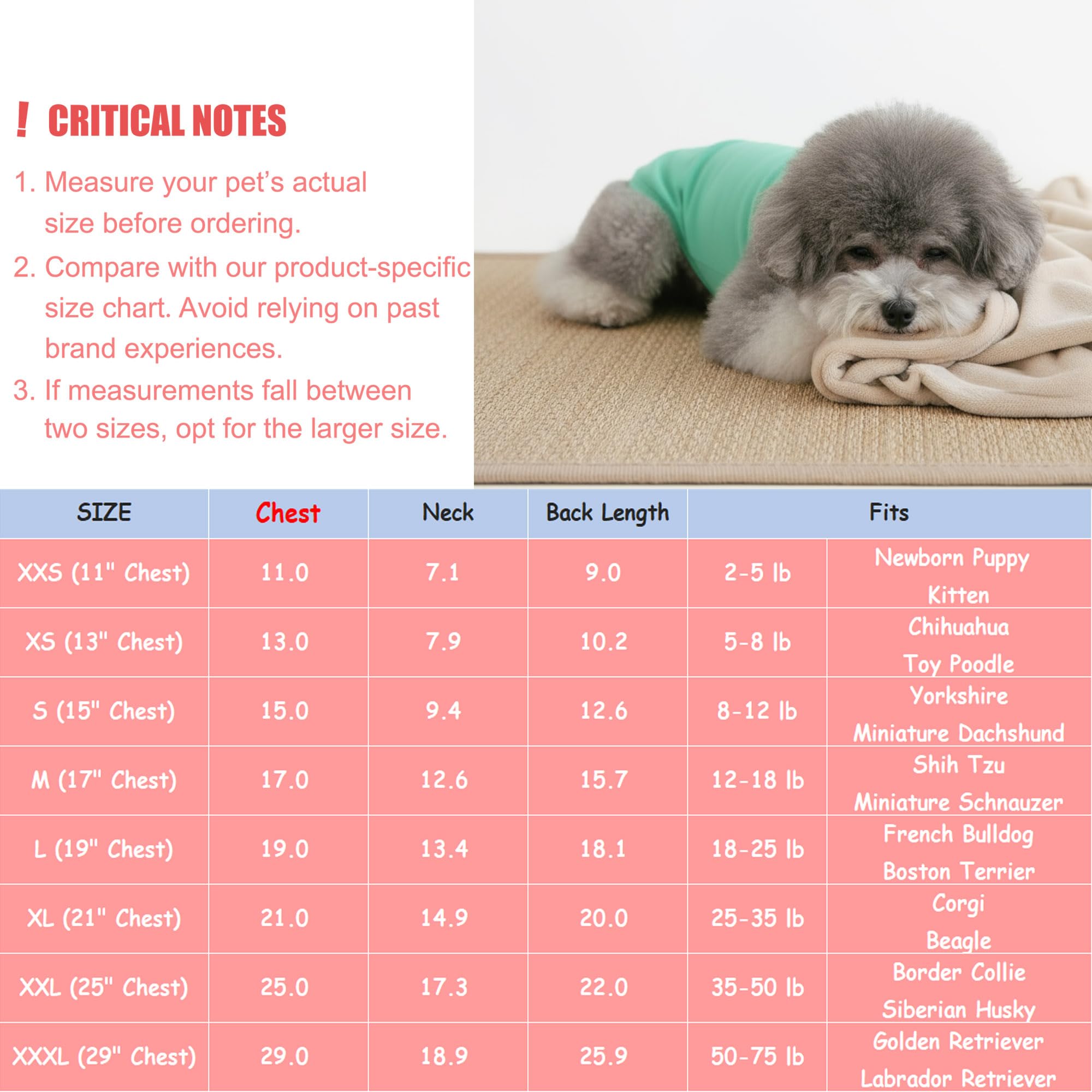 Cholvivi plain dog shirt size chart image helps pick the perfect fit.