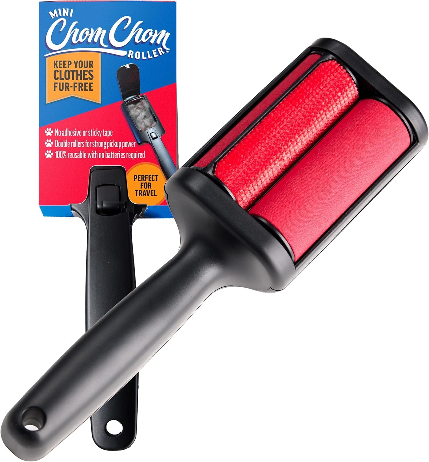 ChomChom Mini Roller closeup showing quick pet hair removal from fabric