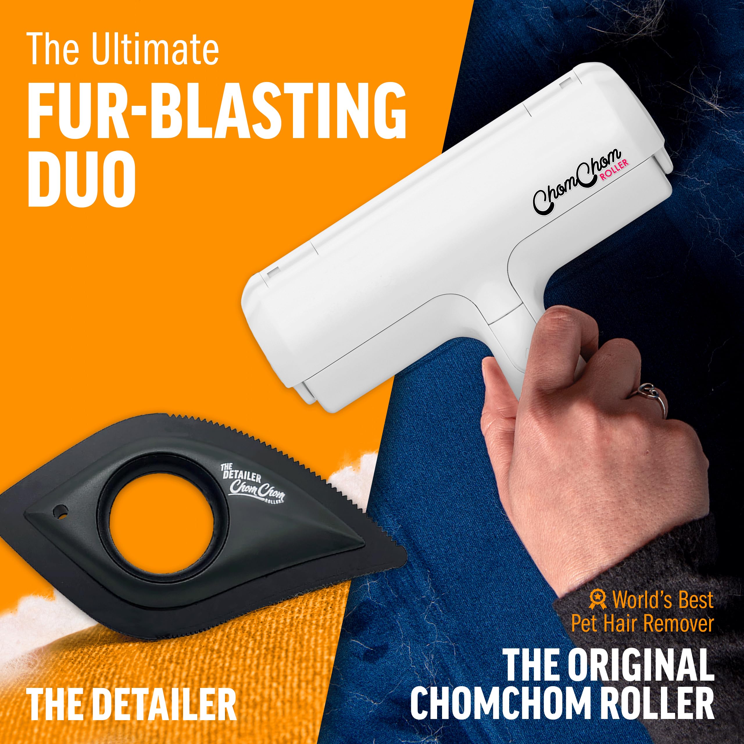 ChomChom Roller car-cleanup demonstrates easy pet hair removal from tight automotive spaces.