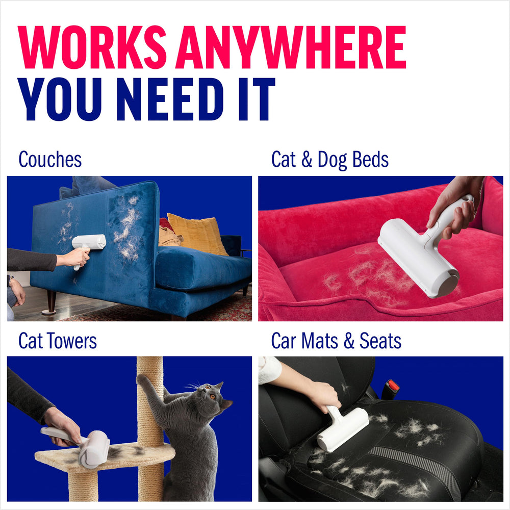 ChomChom Roller dog-hair-remover demonstrates effective fur removal on textiles.