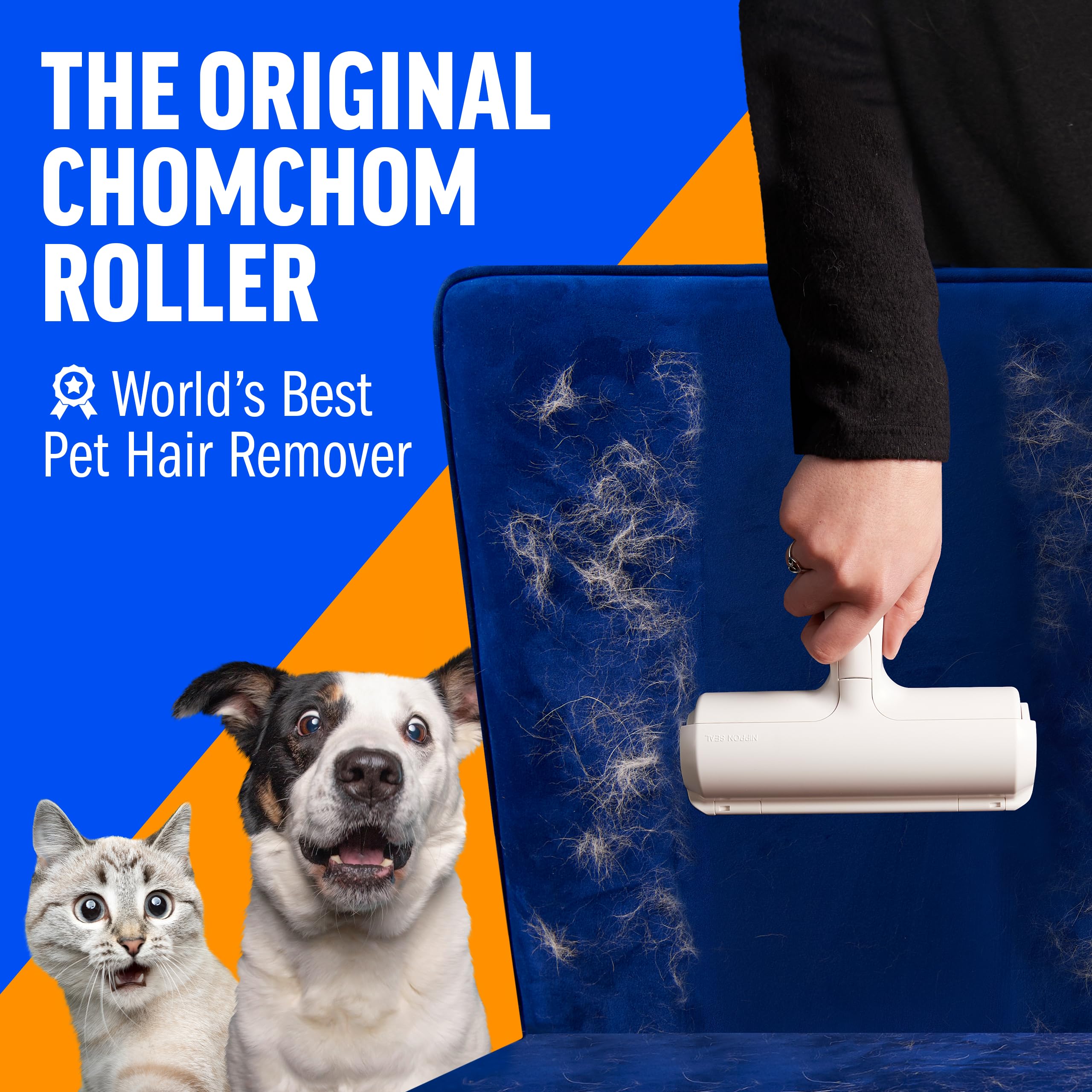 ChomChom Roller furniture-hair-removal on sofa demonstrates reusable lint-free cleaning.