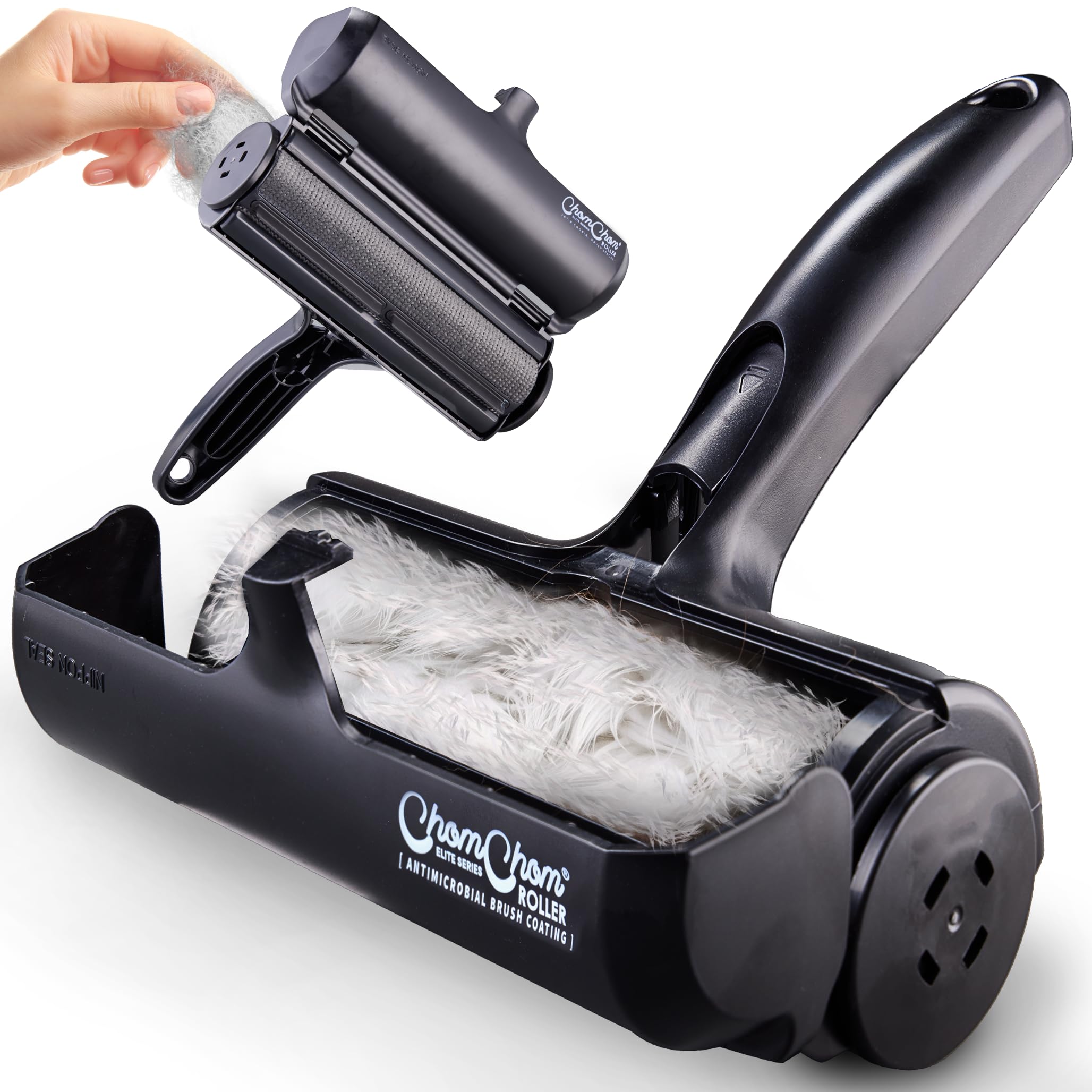 ChomChom Roller closeup on couch showing pet hair removal capability for furniture