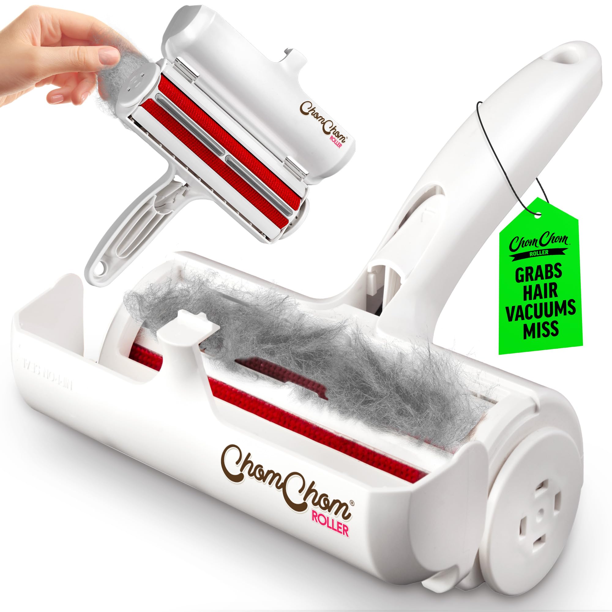 ChomChom Roller original-size hair remover in action on fabric for quick pet-hair removal.