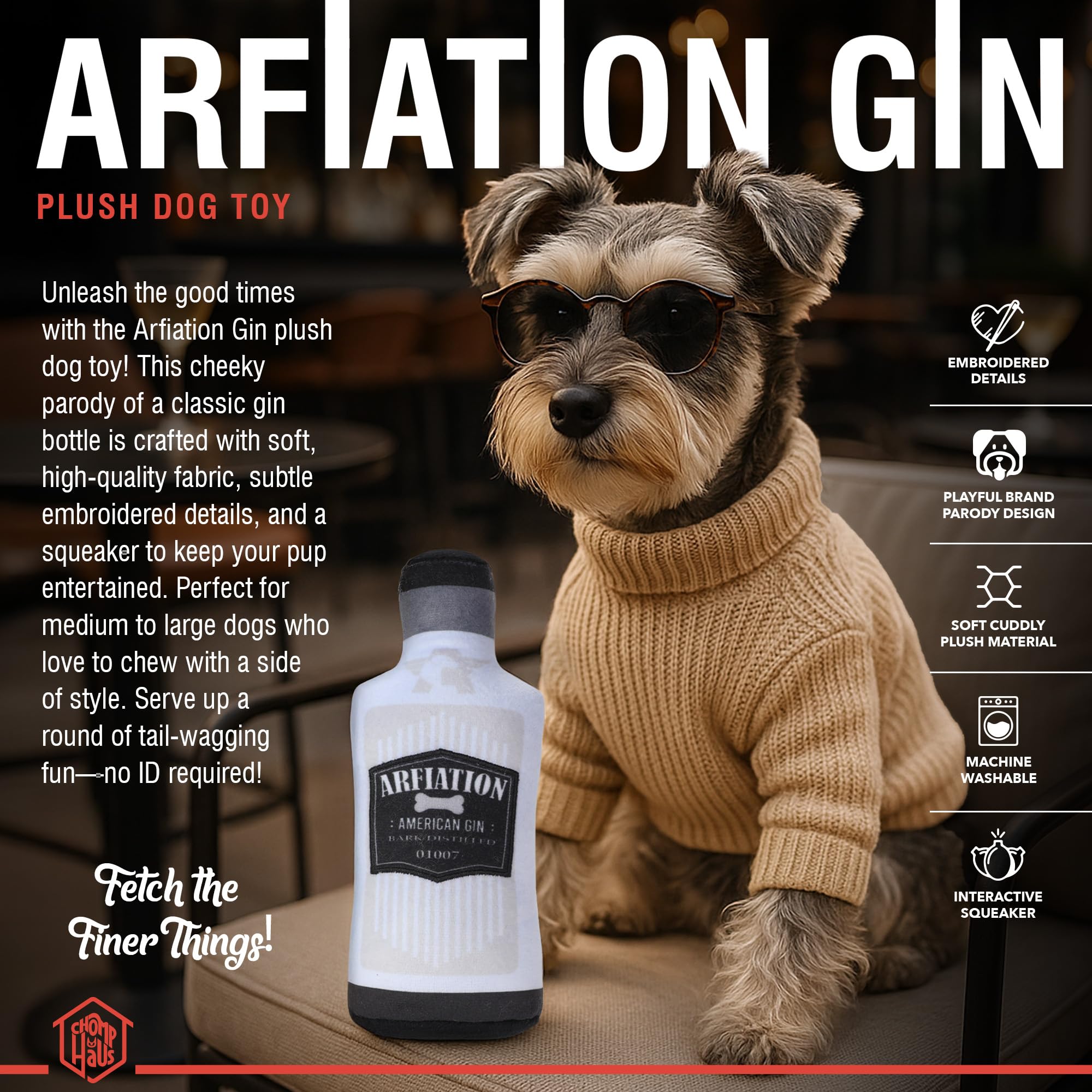Arfiation Gin embroidered details emphasize stylish design on plush bottle