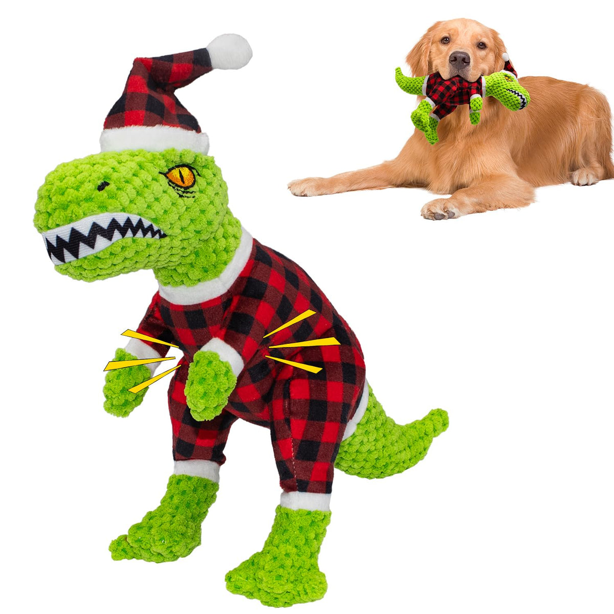 Chongqile Christmas plush dinosaur with Santa hat delivers holiday play and squeaky fun.