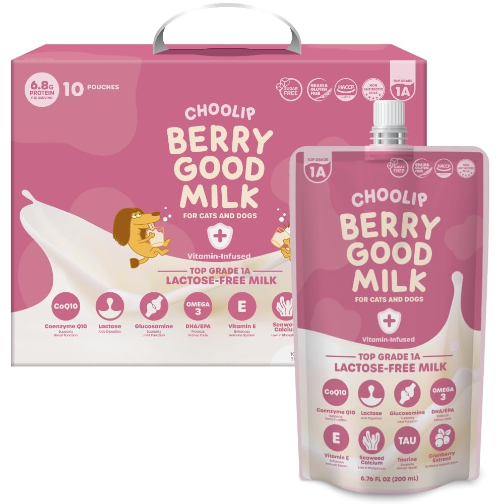Choolip Berry Good Milk bottle closeup shows creamy, lactose-free nutrition for pets.