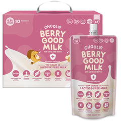 Choolip Berry Good Milk bottle closeup shows creamy, lactose-free nutrition for pets.