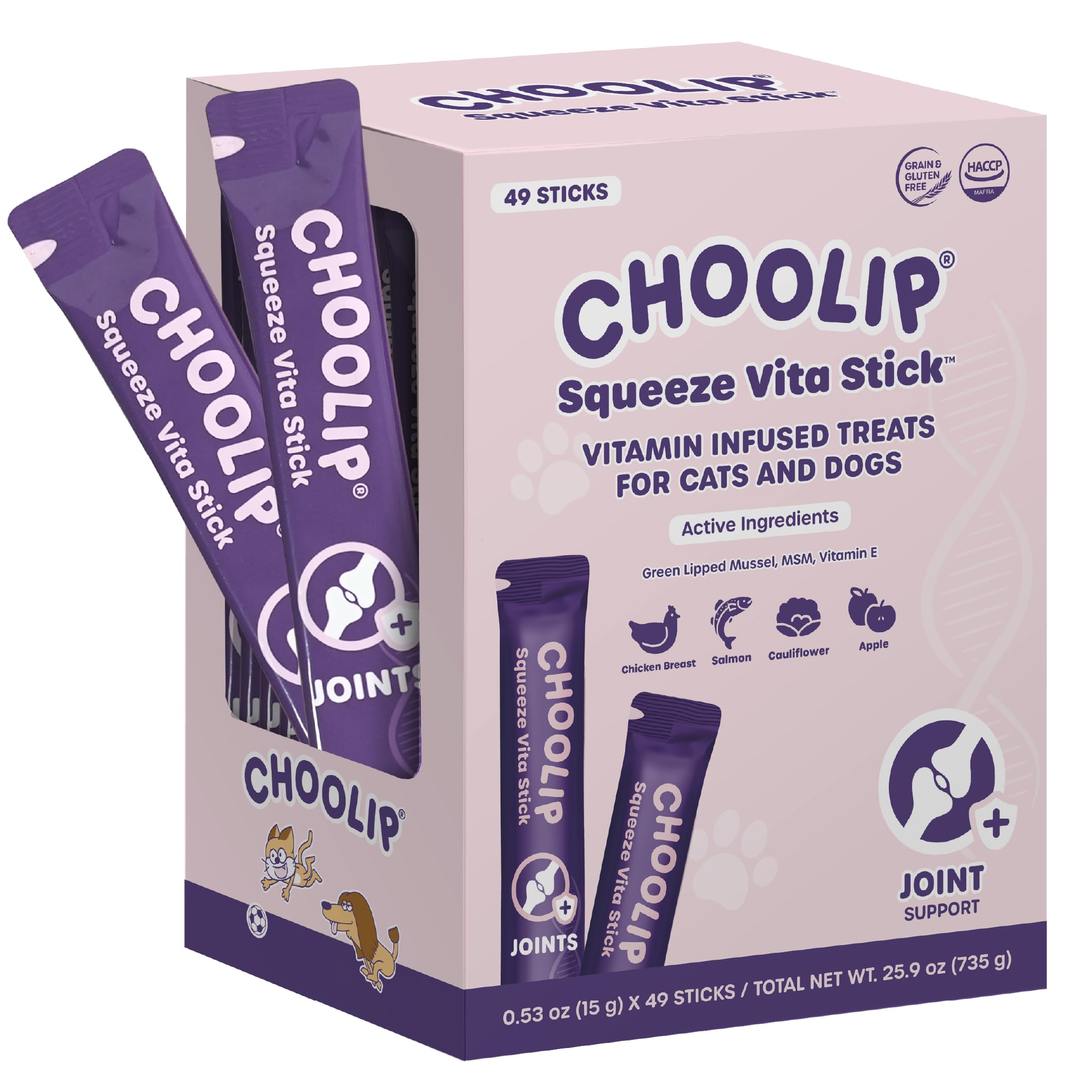 Choolip Squeeze Vita Stick pack front shows joint-support treats for cats and dogs.