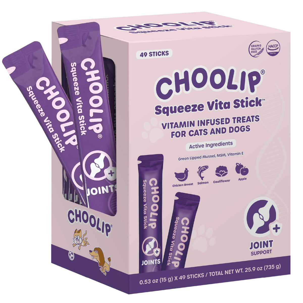 Choolip Squeeze Vita Stick pack front shows joint-support treats for cats and dogs.
