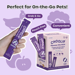 Choolip Squeeze Vita Stick serving shot suggests easy daily rewards for multi-pet households.