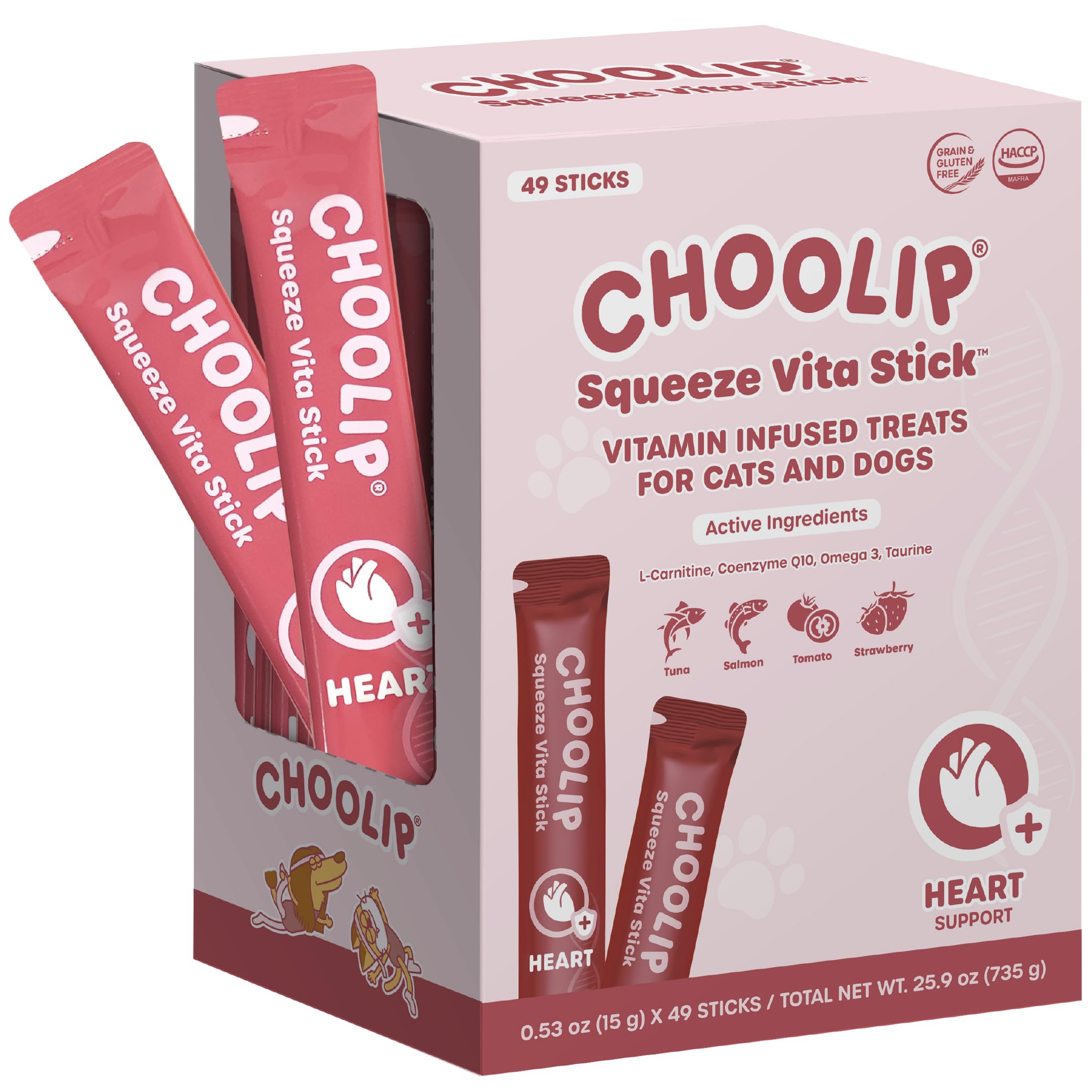 Choolip Squeeze Vita Stick packaging highlights convenient heart-support treats.