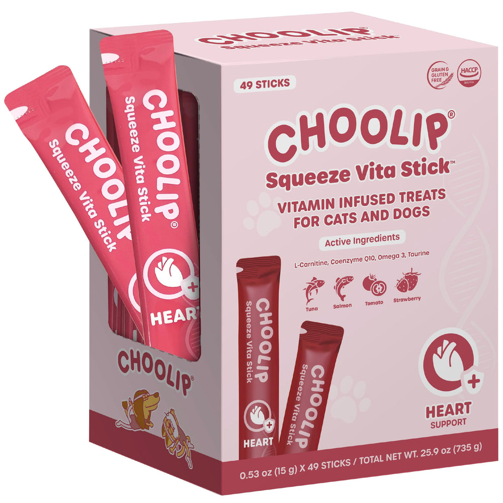 Choolip Squeeze Vita Stick packaging highlights convenient heart-support treats.