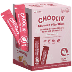 Choolip Squeeze Vita Stick packaging highlights convenient heart-support treats.
