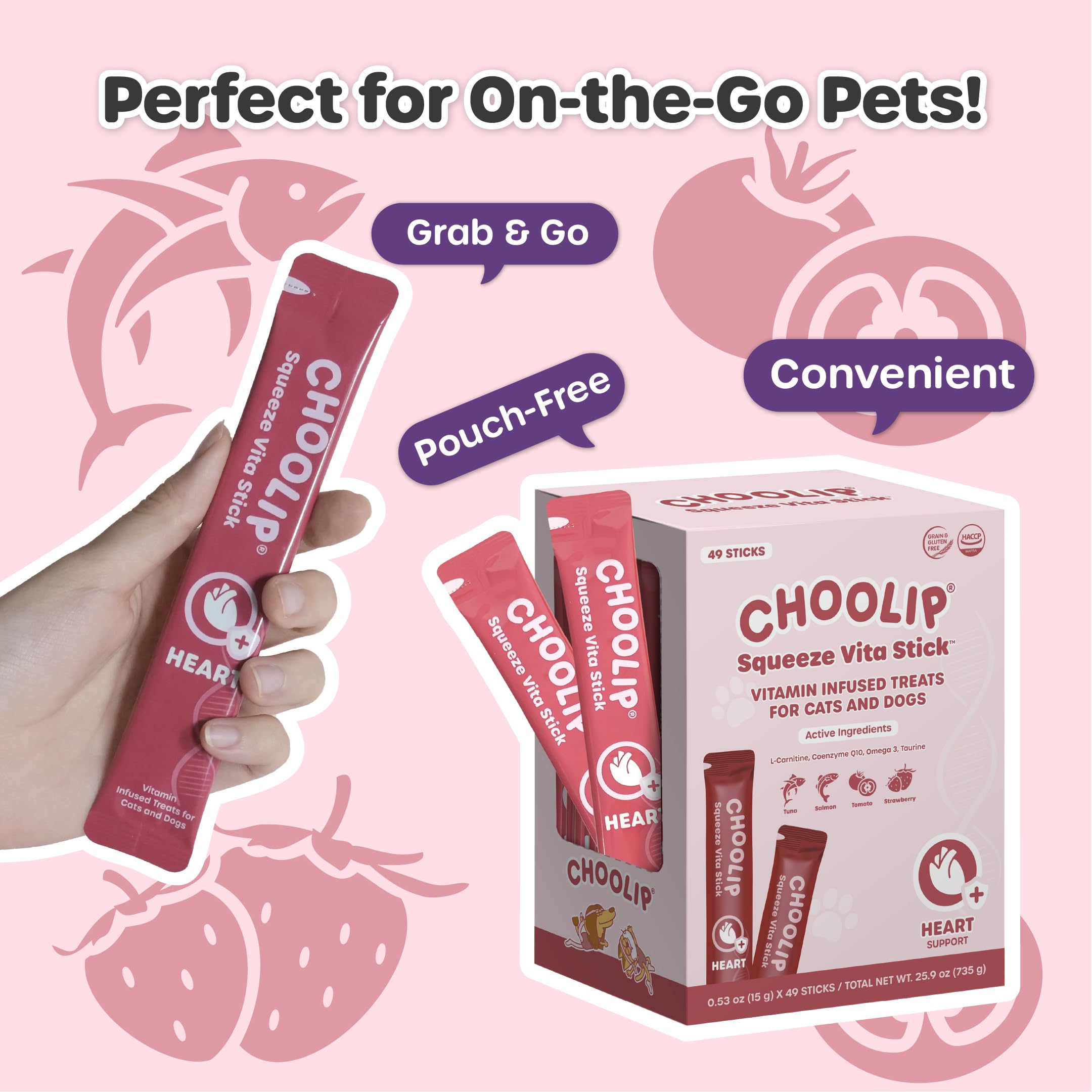 Choolip Squeeze Vita Stick formula includes Taurine, L-Carnitine and CoQ10 for pets.