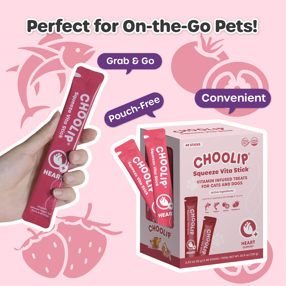 Choolip Squeeze Vita Stick formula includes Taurine, L-Carnitine and CoQ10 for pets.