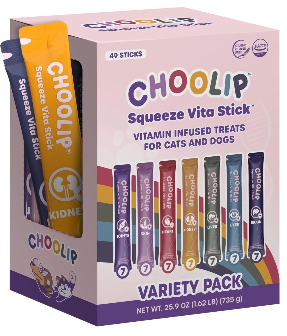 Choolip Squeeze Vita Stick packaging front shows vet-formulated pet treats for wellness