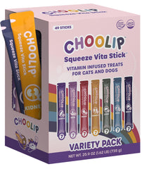 Choolip Squeeze Vita Stick packaging front shows vet-formulated pet treats for wellness
