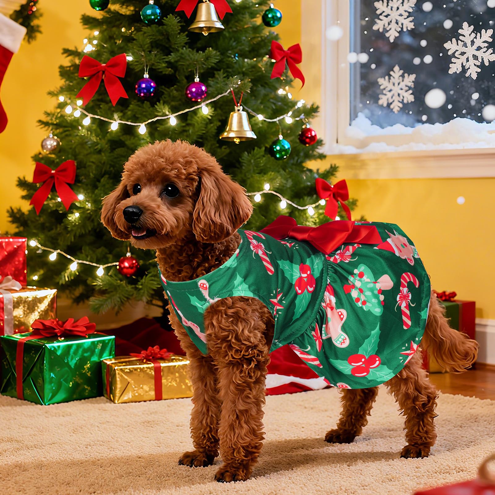 Choyaxo dog Christmas outfit dress detail closeup, highlighting trim.