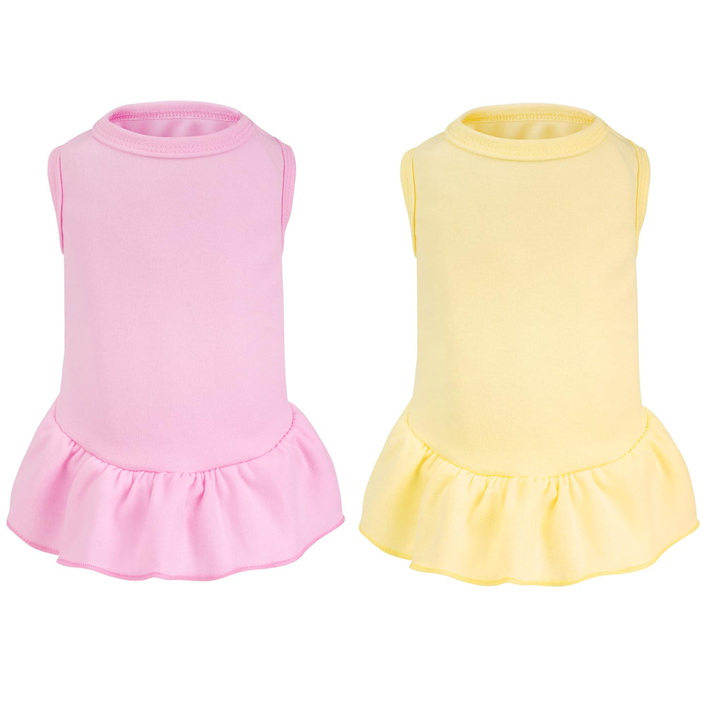 Choyaxo two-pcs dog dresses front view in yellow and pink, ideal for summer photos.