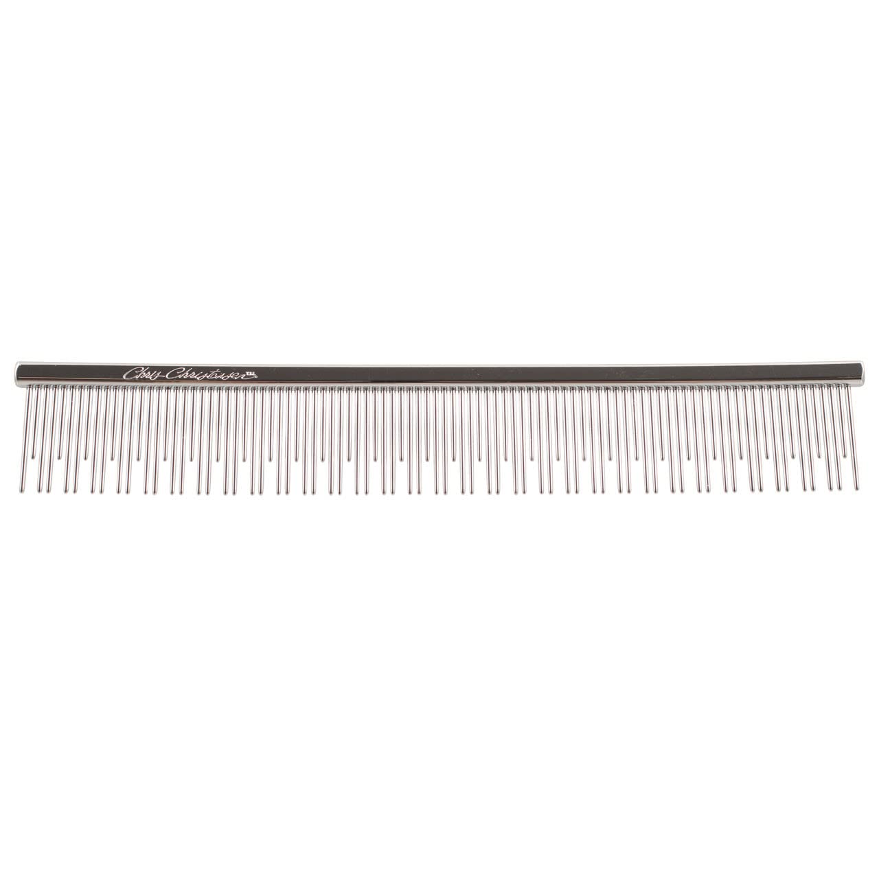 Chris Christensen 6in Cat/Carding Butter Comb handle closeup with brass core for precise grooming.
