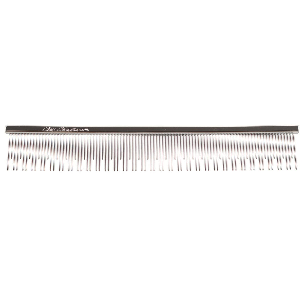 Chris Christensen 6in Cat/Carding Butter Comb handle closeup with brass core for precise grooming.