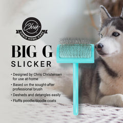 Chris Christensen Big G Dog Slicker teal brush angled pins for gentle detangling.