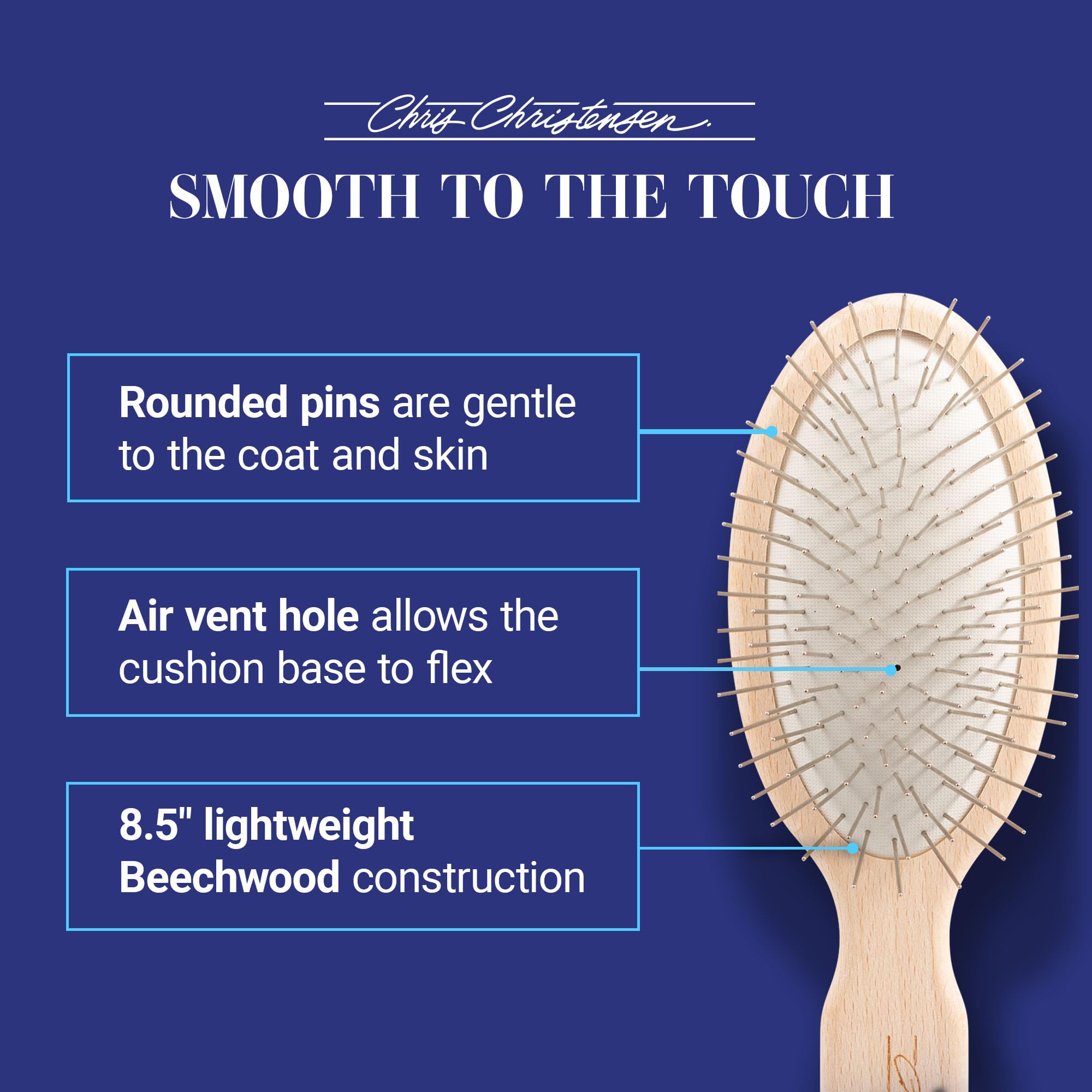 Chris Christensen dog brush 27mm oval beechwood handle highlights ergonomic grip.
