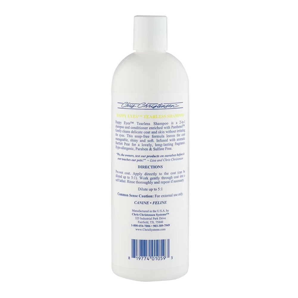 Chris Christensen Happy Eyes tearless shampoo applied near eyes for gentle cleansing.