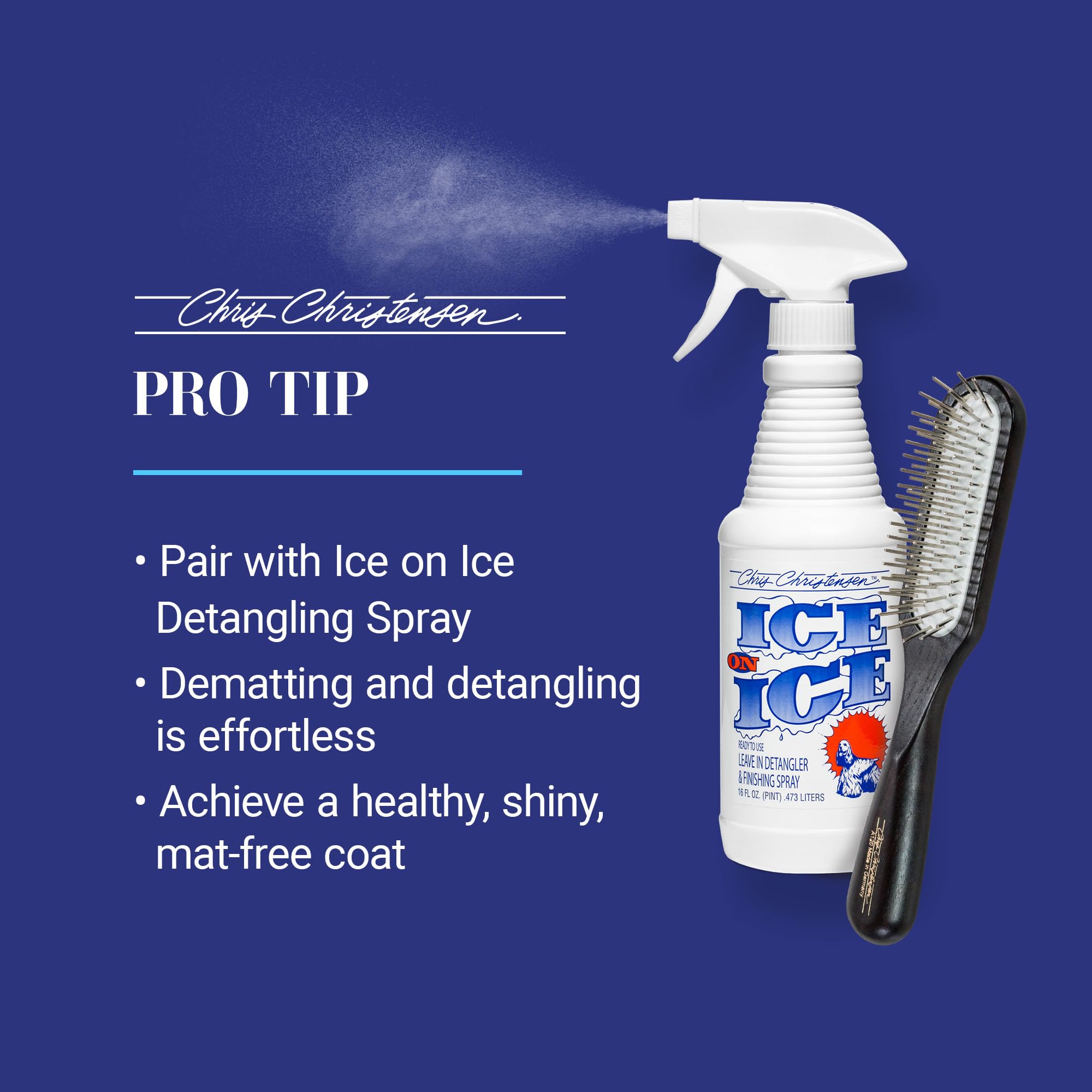 Chris Christensen Ice Slip Pin Brush behind ears shot demonstrating safe, skin-friendly grooming.
