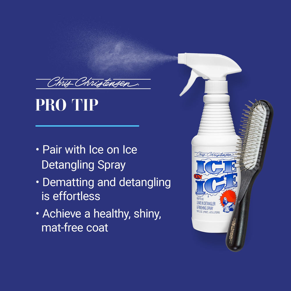 Chris Christensen Ice Slip Pin Brush behind ears shot demonstrating safe, skin-friendly grooming.