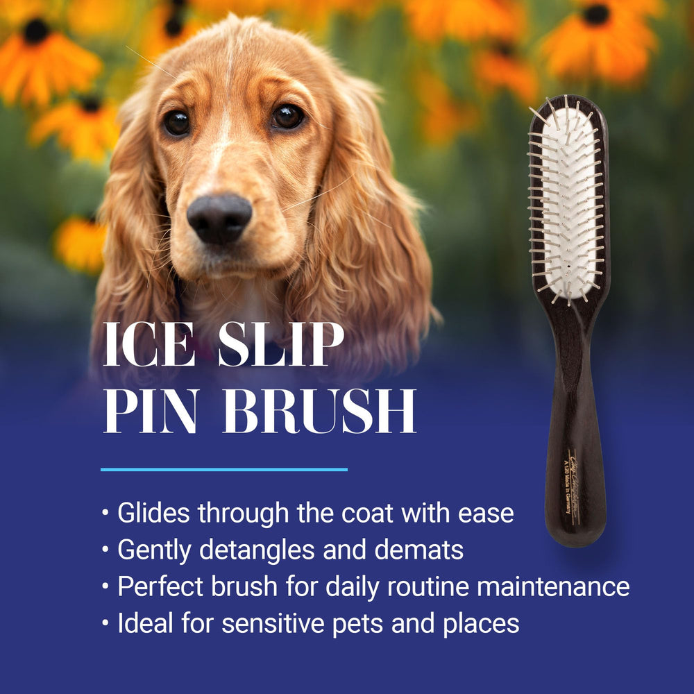 Chris Christensen Ice Slip Pin Brush handle view highlighting ergonomic design for comfortable grooming.