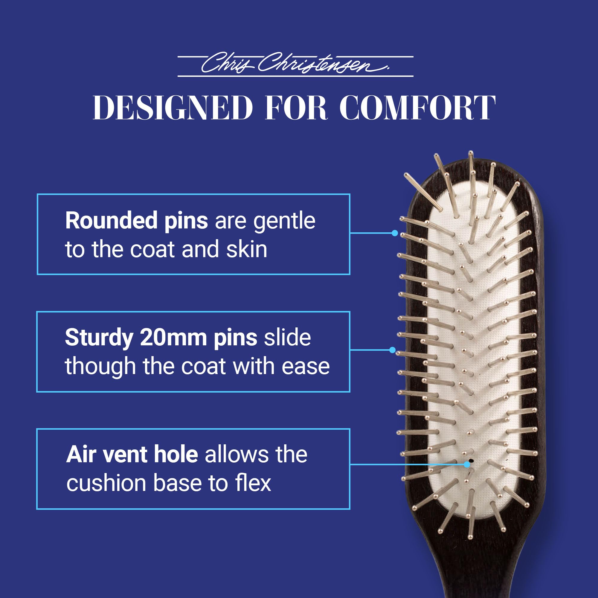 Chris Christensen Ice Slip Pin Brush stainless pins image showing easy mat removal on tough coats.