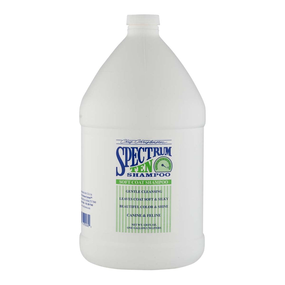 Chris Christensen Spectrum Ten shampoo bottle demonstrates professional-grade cleansing.