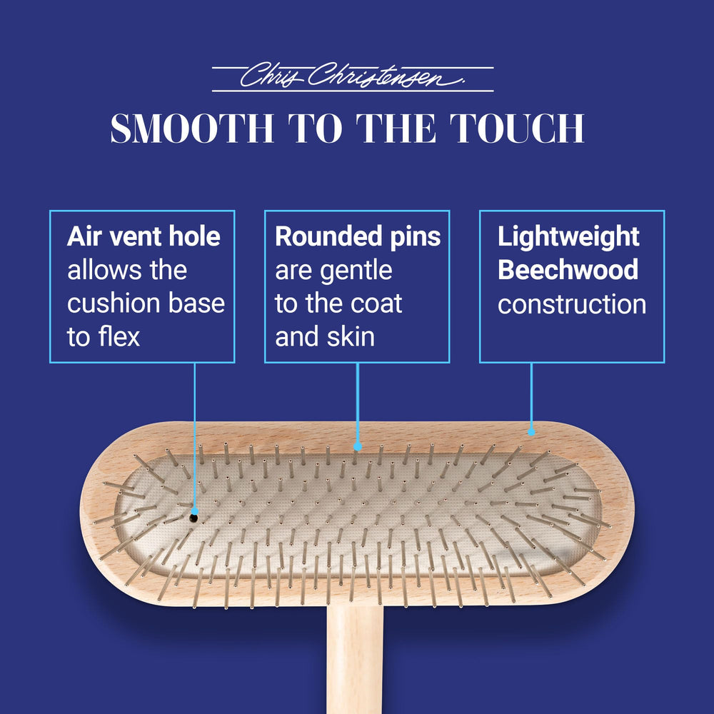 Chris Christensen dog brush pins close-up underscoring ground polished tips for skin safety