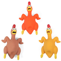 ChubbyPiggies 3-pack rubber chicken dog toys squeak in action for interactive play.