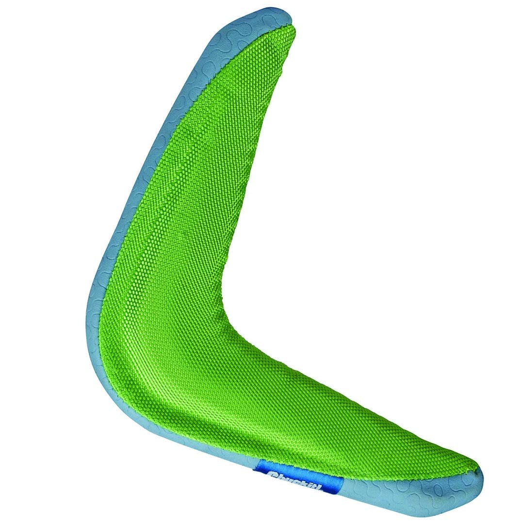 Chuckit! Amphibious Boomerang Fetch & Float Dog Toy in assorted colors for water and land play.