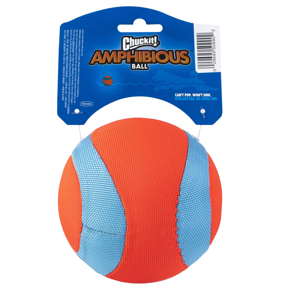 Chuckit Amphibious Mega Ball on water during fetch for easy retrieval.