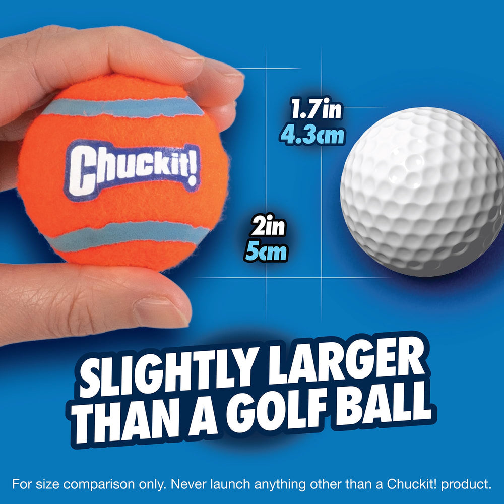 Chuckit! dog tennis ball small 2-inch bright orange blue colors for easy visibility.