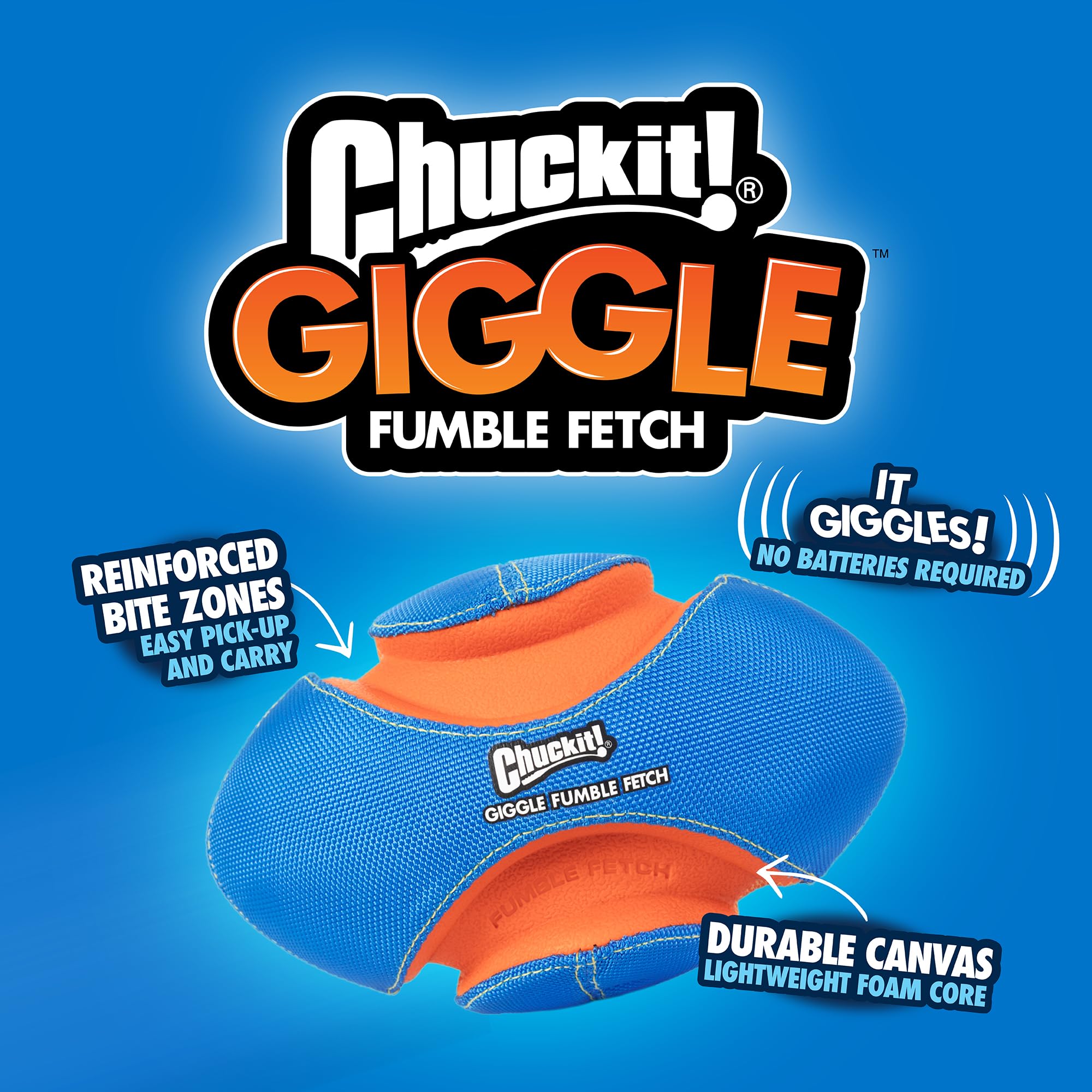 Chuckit! Giggle Fumble ball during pack play scene for interactive multi-dog fun.
