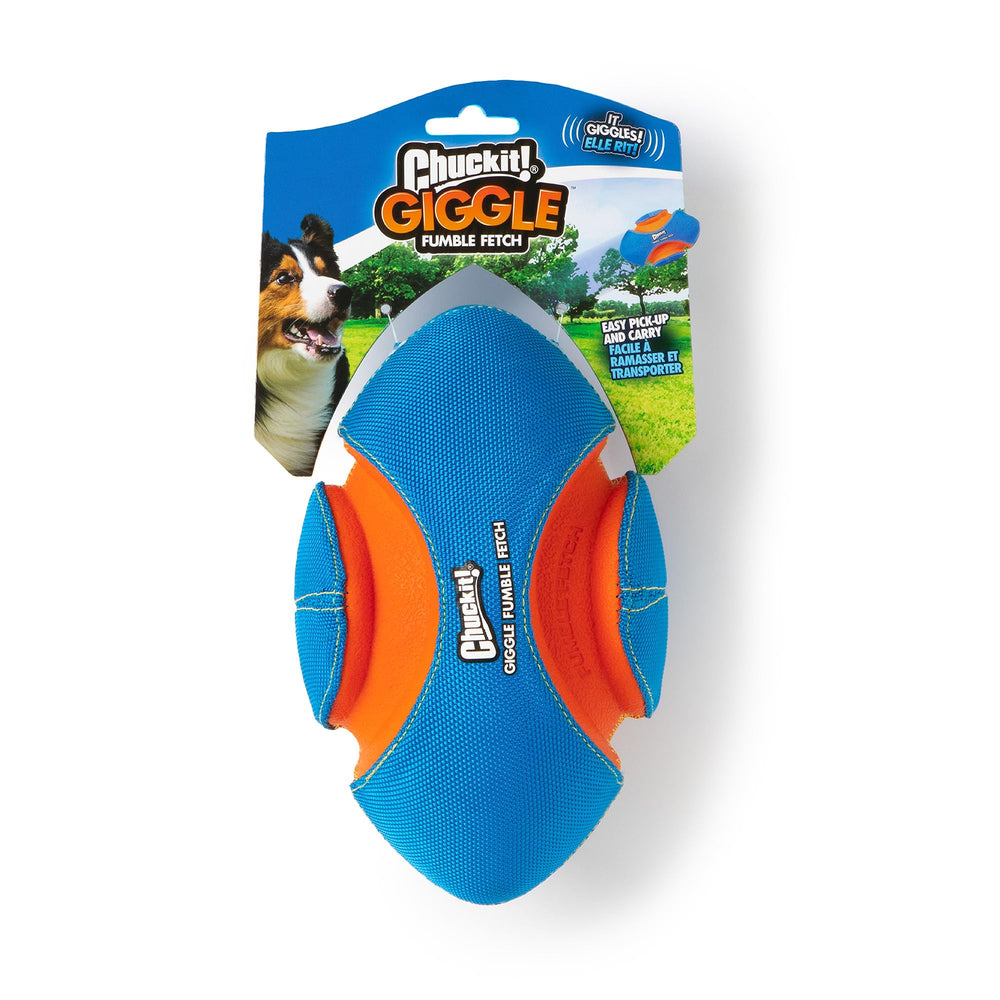 Chuckit! Giggle Fumble fetch ball close-up shows giggle sound and durable canvas.