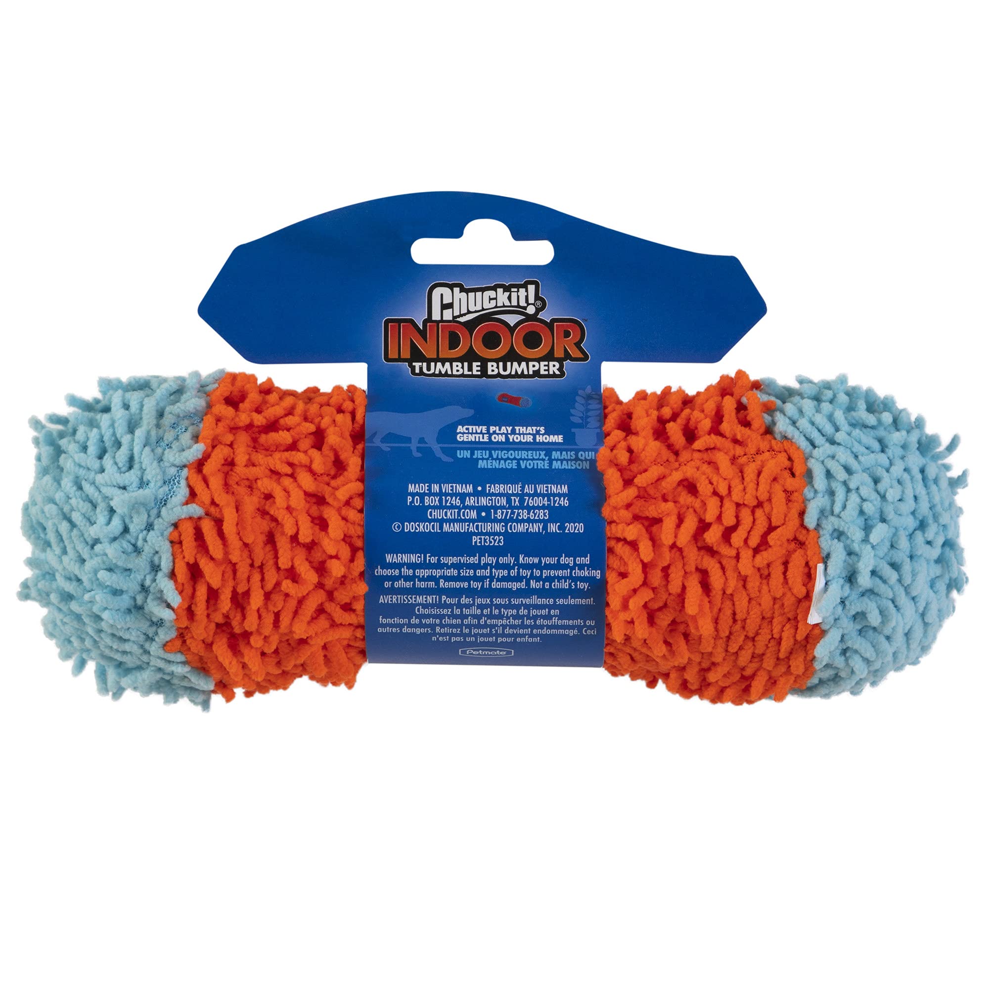 Chuckit Indoor Fetch Tumble Bumper toy—orange-blue, soft chenille fabric for gentle mouth contact.