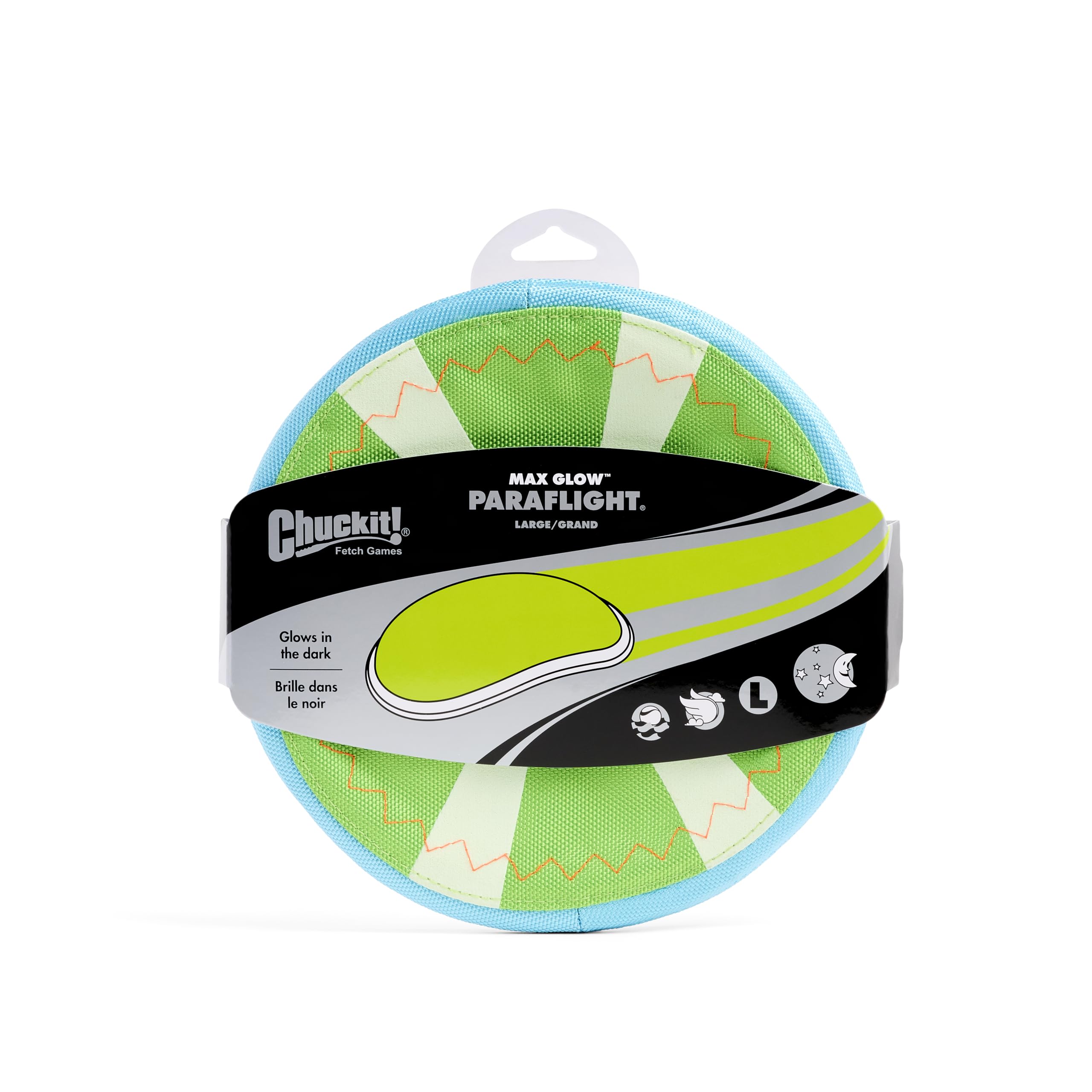 Chuckit! Max Glow Paraflight Disc large-size 9.75 inches suits medium to large dogs.