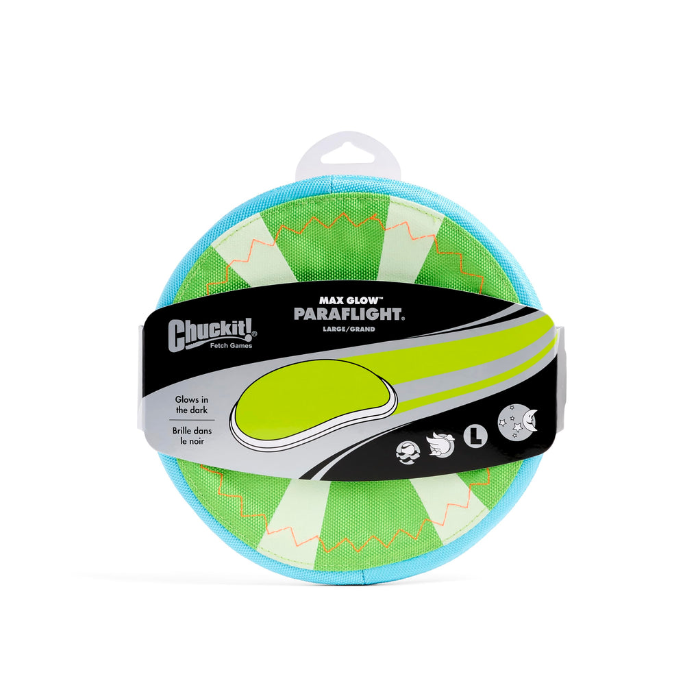 Chuckit! Max Glow Paraflight Disc large-size 9.75 inches suits medium to large dogs.