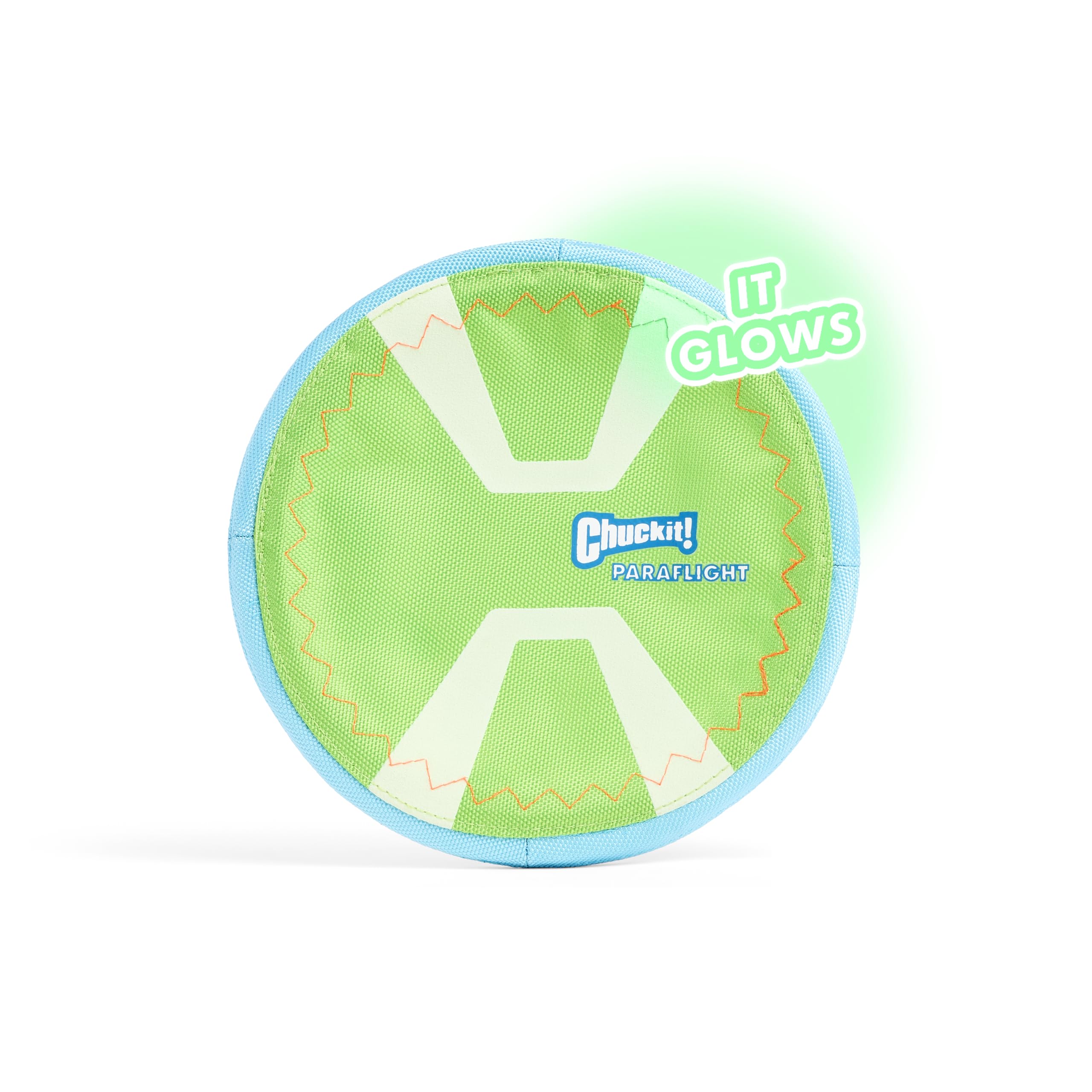 Chuckit! Max Glow Paraflight Disc with soft rubber edges for gentle mouth contact.