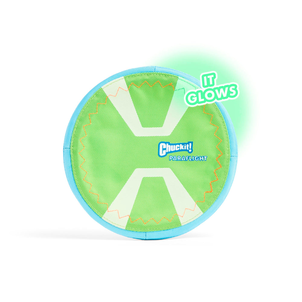 Chuckit! Max Glow Paraflight Disc with soft rubber edges for gentle mouth contact.