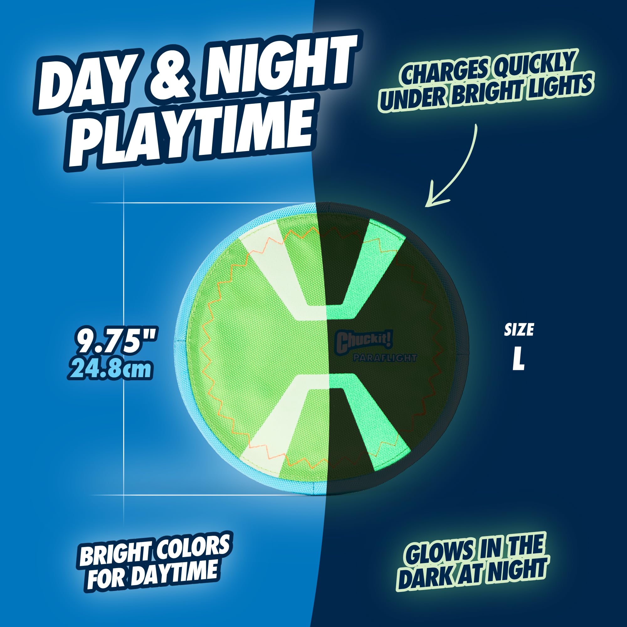 Chuckit! Max Glow Paraflight Disc floats on water for beach or pool adventures.