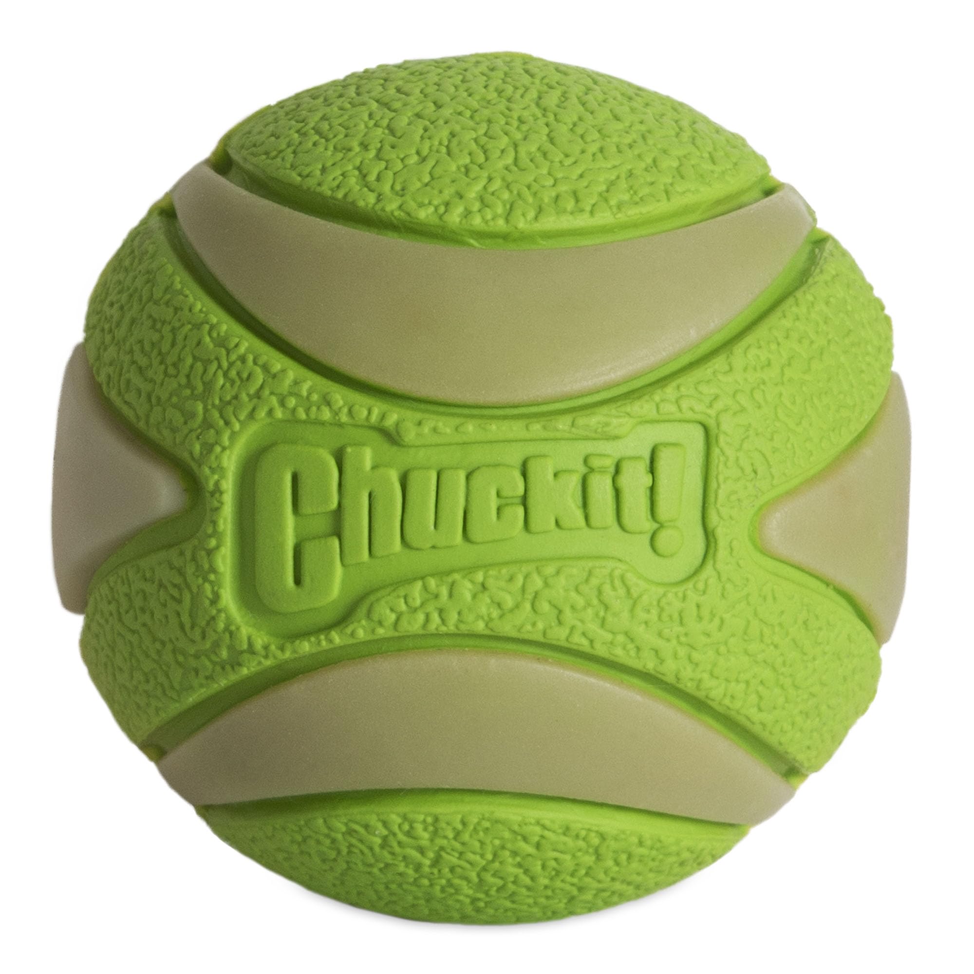 Chuckit Max Glow Ultra Squeaker Ball glows for nighttime fetch for 20-60 lb dogs.
